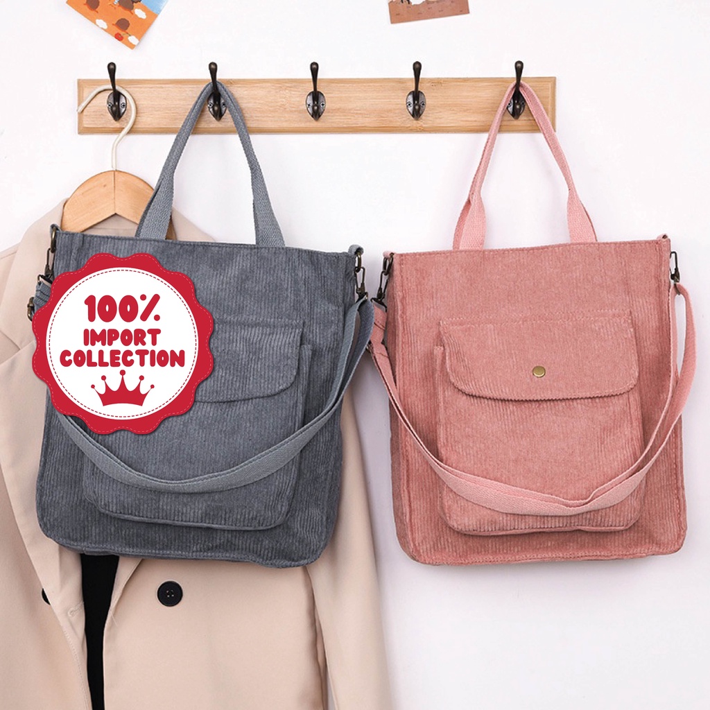 ELVIE  Shoulder Bag Tote bag Corduroy 2in1 Tas Kekinian Bahu Dumpling Vintage Puffy Jinjing Sekolah kuliah Konser Ootd Button Lucu Wanita Kekinian Stylish Casual Aesthetic fashion Dus brown Kuliah Korean Chikoisme