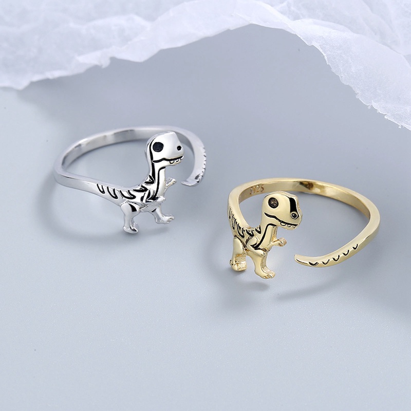 Kreatif Lucu Cincin Dinosaurus Warna Perak Cincin Wanita Terbuka Dapat Disesuaikan Jari Aksesoris Fashion Perhiasan