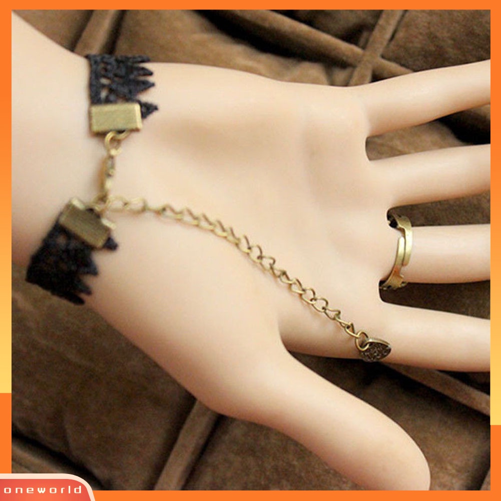 {oneworld} Gothic Perhiasan Wanita Renda Bunga Tangan Budak Rantai Cincin Harness Gelang Hadiah