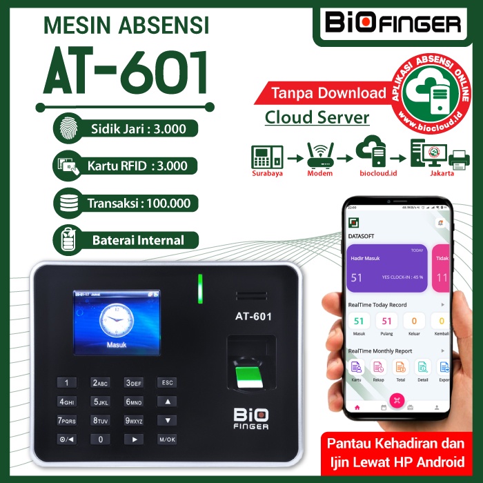 Mesin Absensi Jari BioFinger AT-601, Excel, LAN, Cloud, Kartu RFID