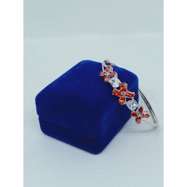 gelang tangan bangle batu oranye &amp; putih/perak asli silver 925 lapis emas/perhiasan fashion wanita terbaru