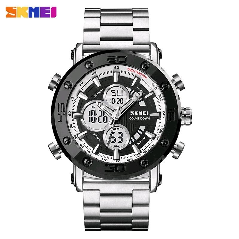 Jam Tangan Skmei Pria Digital Analog Tali STAINLESS SKMEI 1636 Original