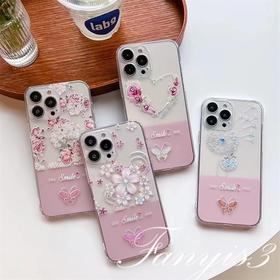 Compatible For iPhone 14 13 12 11 Pro Max X XR Xs Max 8 7 6 6s Plus SE 2020 Kompatibel Untuk Ins Bunga Kupu-Kupu Ponsel Case Bening TPU Lembut Cover Pelindung