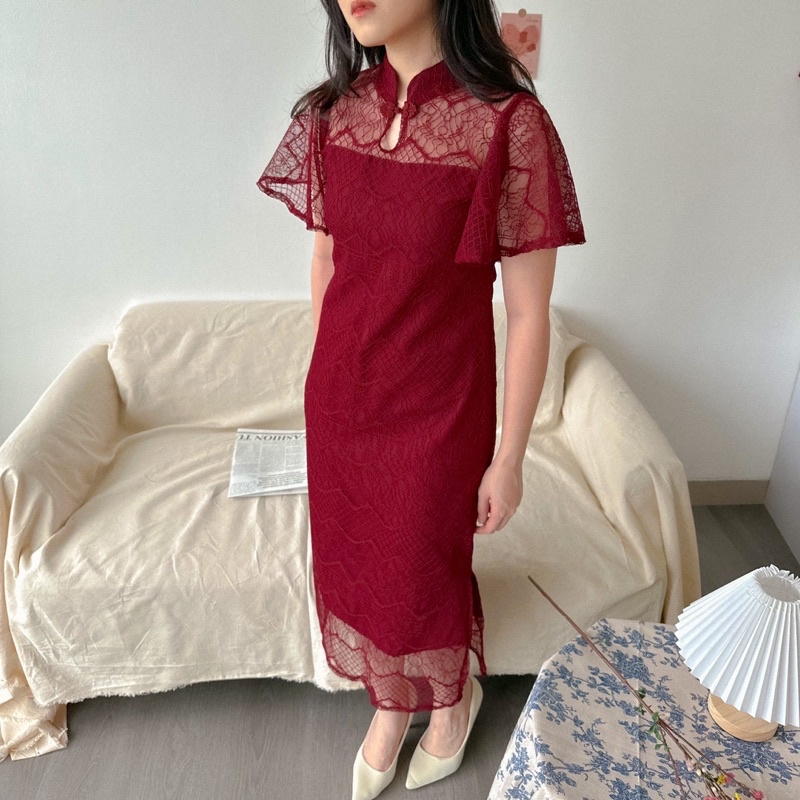 KANON - Fang Qipao Dress - Dress brukat qipao imlek midi length