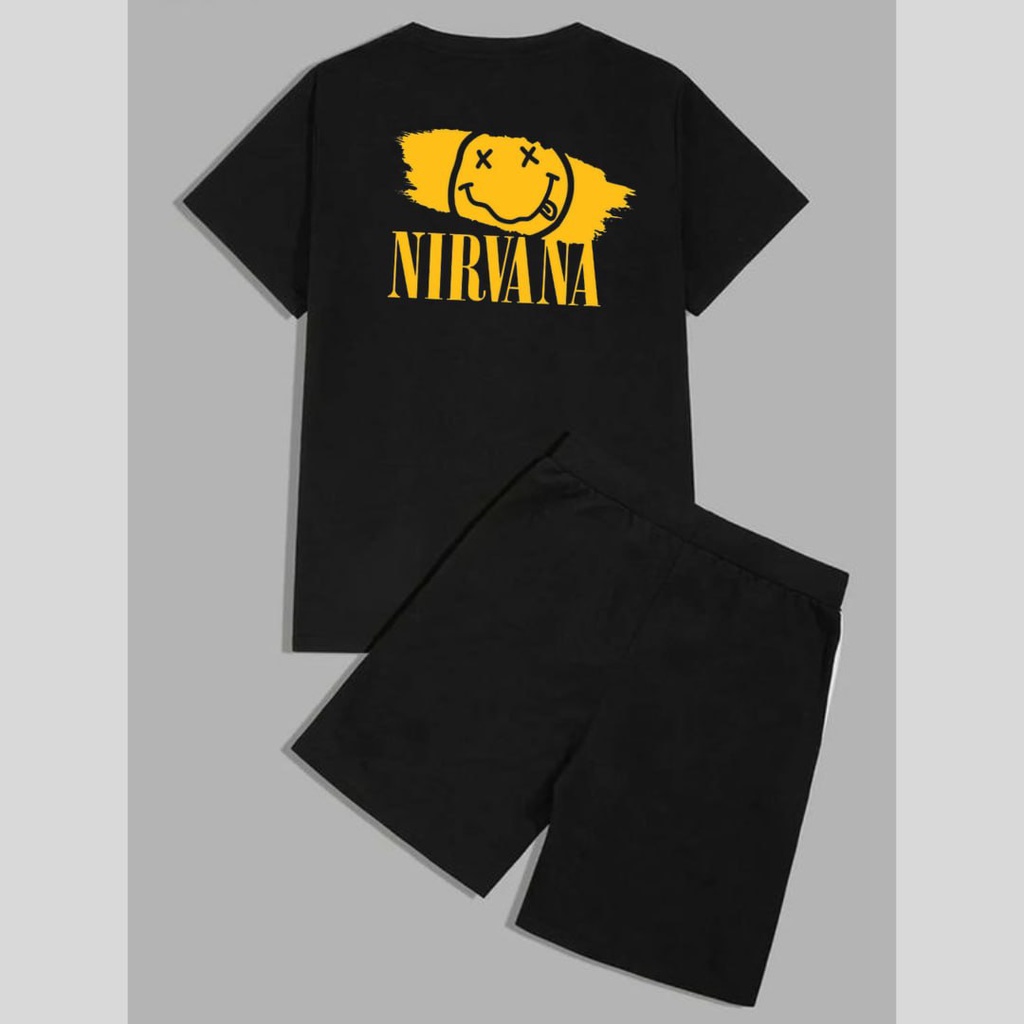 Clothing May - 1 Set Nirvana Kuning Dewasa Bahan Celana Pendek Baby Terry Bahan Kaos Cotton Warna HItam
