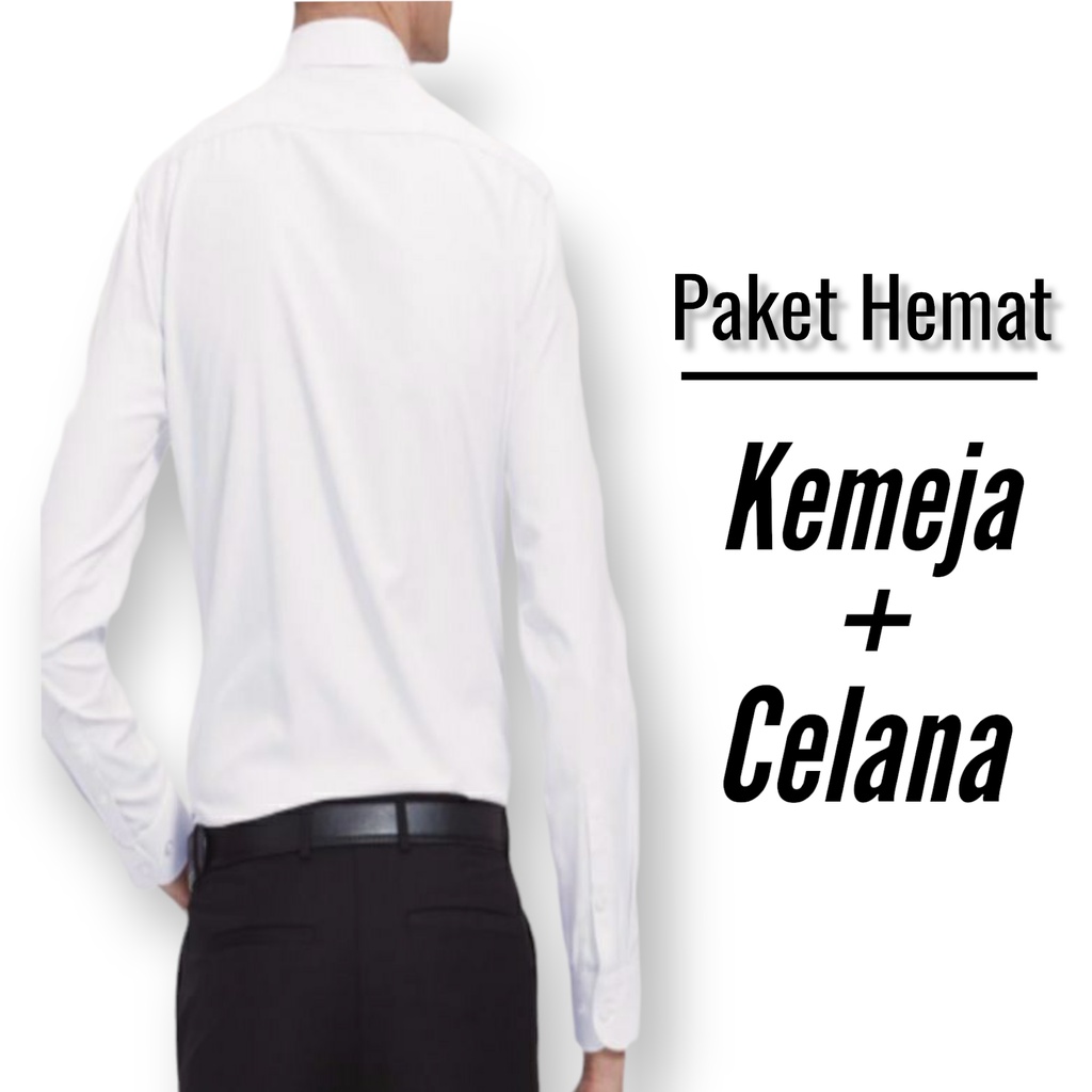 Setelan Kemeja dan Celana Kantor Set Hem Putih Polos dan Celana Formal Pria Slimfit Warna Hitam Abu Silver