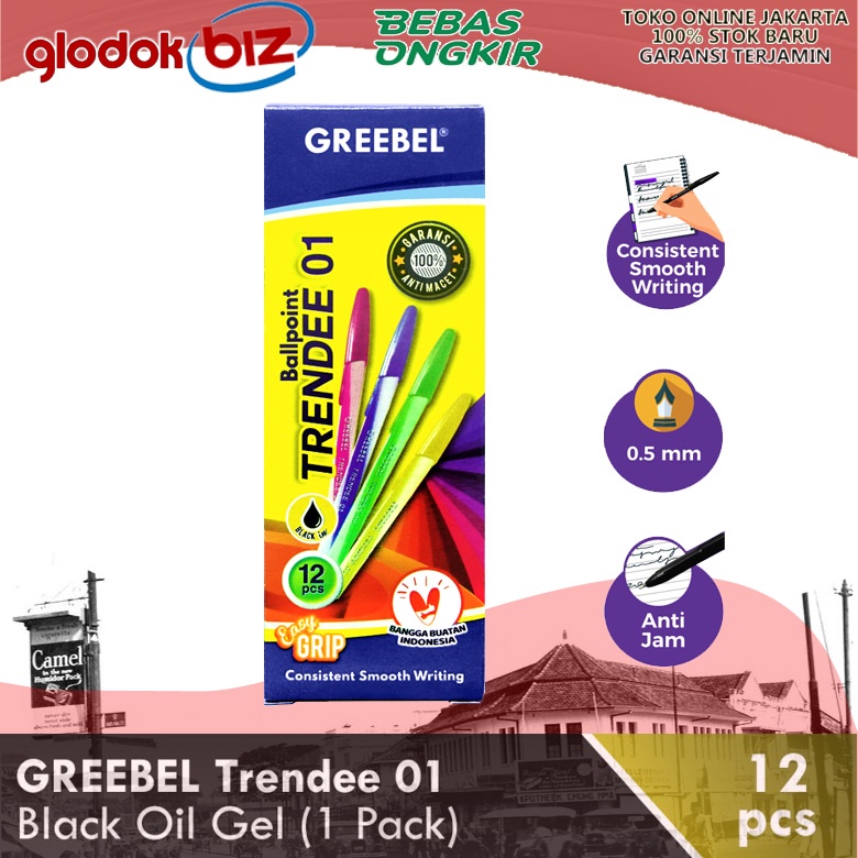 

Pulpen GREEBEL Trendee 0.5mm Body Solid Berulir Tinta Hitam isi 12pcs