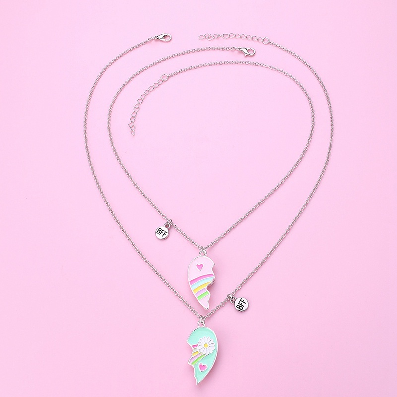 2pcs/set Lucu Warna-Warni Pelangi Bentuk Hati Liontin Rantai Sahabat Kalung Bff Persahabatan Anak Perhiasan Hadiah Untuk Perempuan