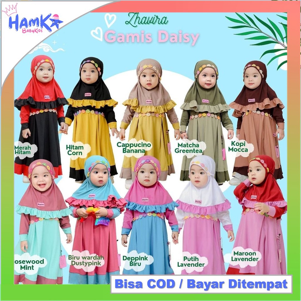 Baju Muslim Gamis Anak Perempuan Zhavira Daisy Free Topi Syari Bahan Jersey Terbaru Lebaran 2022