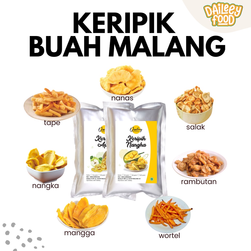 

Keripik Kripik Buah Nangka Apel Salak Nanas Mangga 50 Gram - Kerupuk Durian Anggur - Daileey Oleh2 Khas Malang