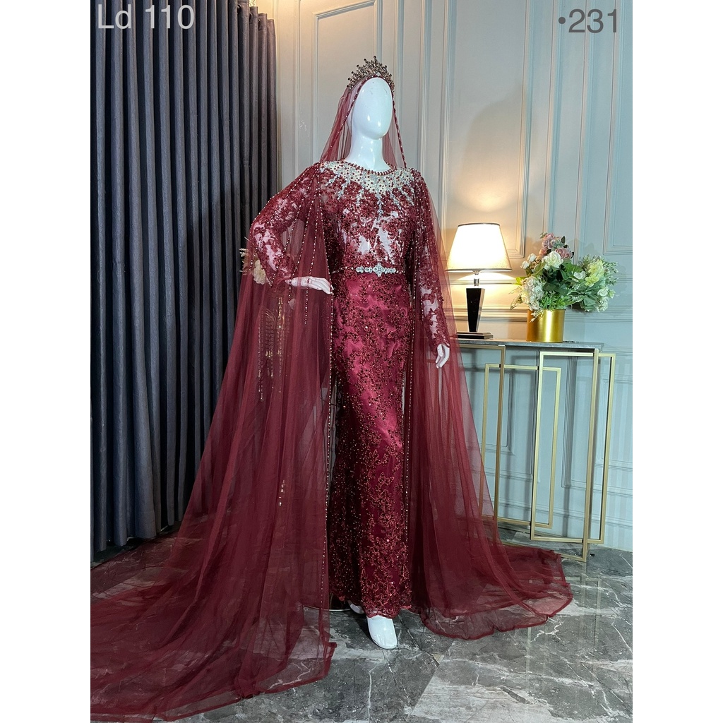 GAUN PENGANTIN SLIM MAROON MUTIARA JUMBO