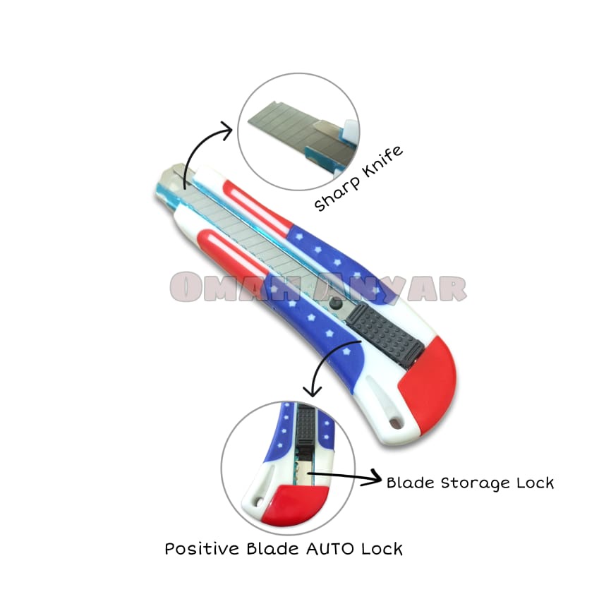 Pisau Cutter Besi AUTO LOCK Gagang Lapis Karet Motif Amerika