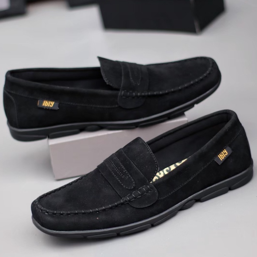 Sepatu Slip On Slop Casual Formal Pria Hitam Bahan Suede Premium Modis Ringan Empuk Sepatu Selop Original Cowok Laki Men Ori