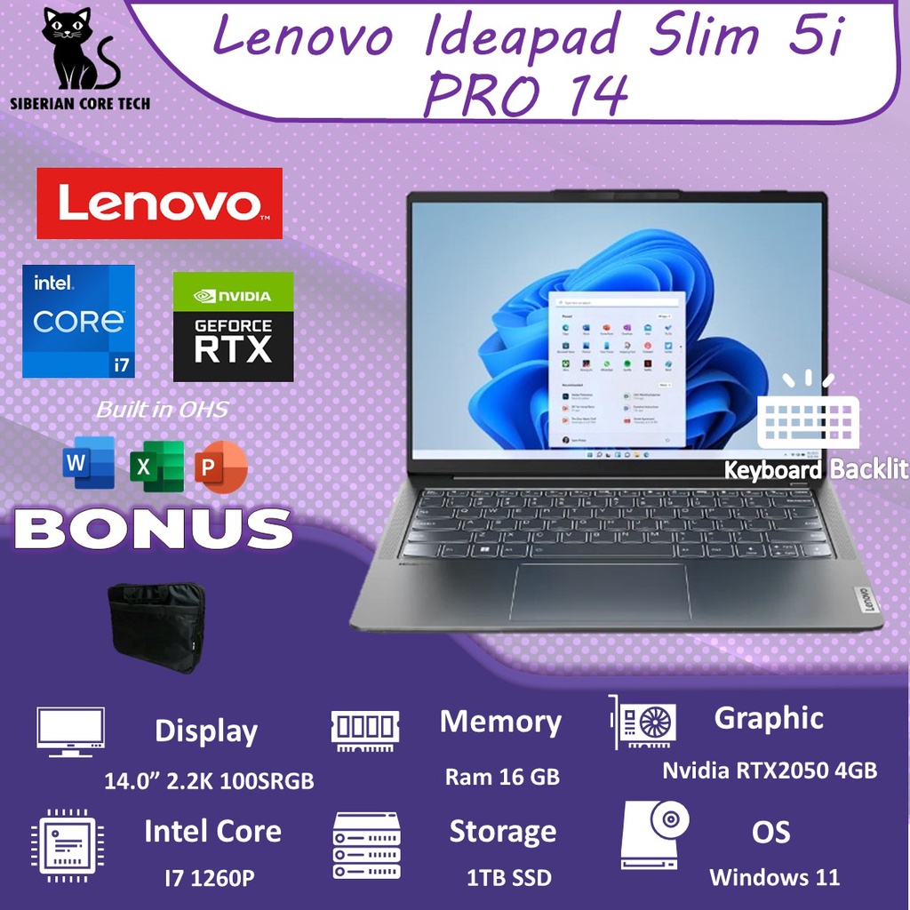 LENOVO IDEAPAD SLIM 5i PRO 14 RTX2050 4GB/ I7 1260P 16GB 1TBSSD W11+OHS 14.0 2.2K 100SRGB 3YR PREM +3ADP STORM GRY -0TID