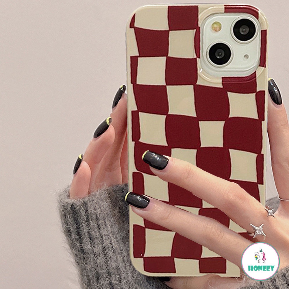 IPHONE Fashion Anggur Merah Kisi Grid Glossy Casing Ponsel Untuk Iphone14 13 12 11 Pro Max Halus Tipis Lembut TPU Belakang Ponsel Cover