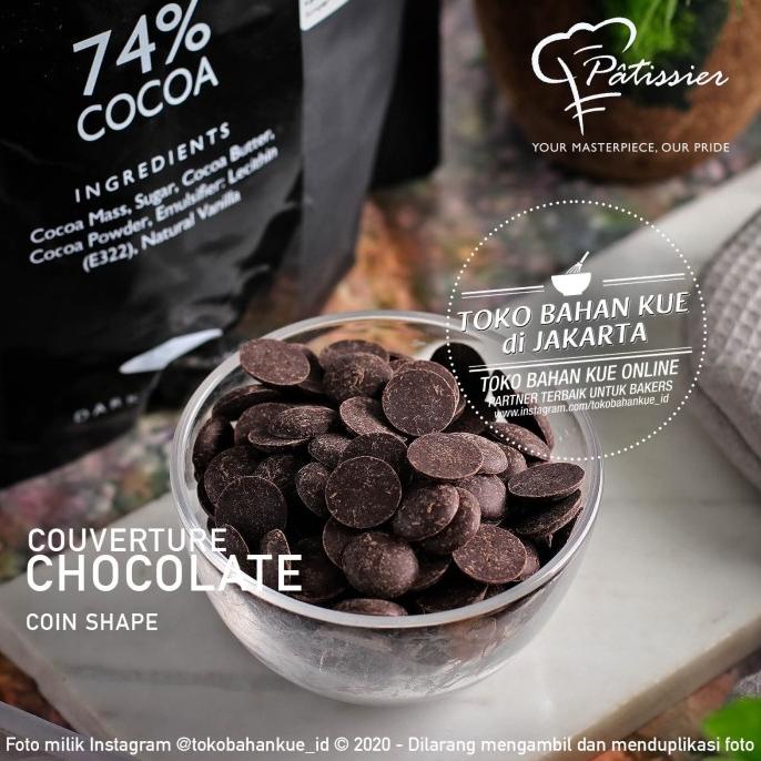 

Patissier Chocolate 74% DARK Couverture 100gr Repack Dark Cokelat Coin