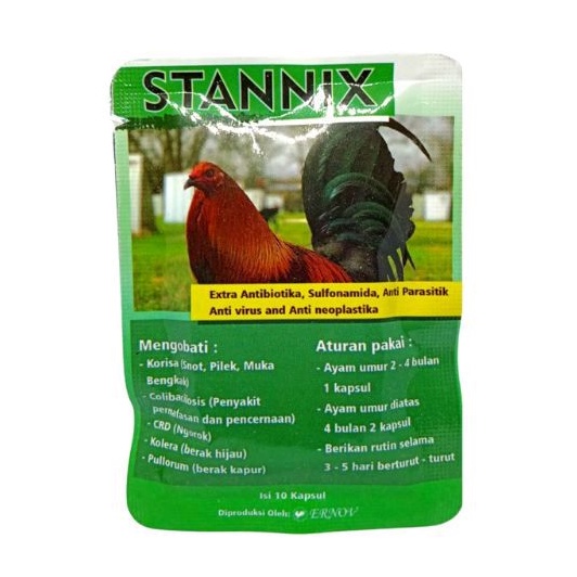 ERNOV STANNIX OBAT SNOT CRD PILEK NGOROK MUKA BENGKAK BERAK KAPUR & HIJAU PADA AYAM ISI 10 KAPSUL ER