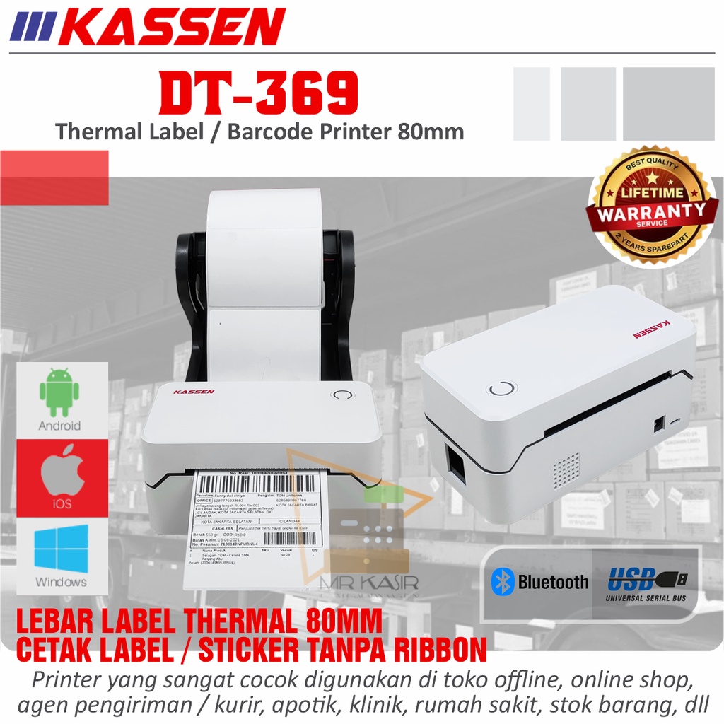 

KASSEN DT369 THERMAL LABEL PRINTER 80MM FREE HOLDER GARANSI RESMI 2 TAHUN