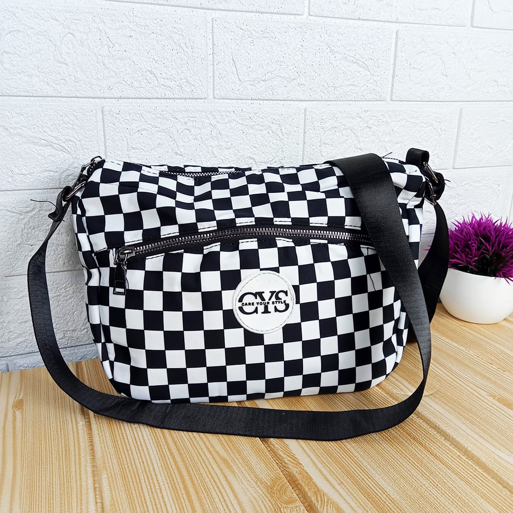 Tas Selempang Wanita Motif Kotak Sling Bag Casual Cewek Polyester Kekinian Fashion Trendy T288