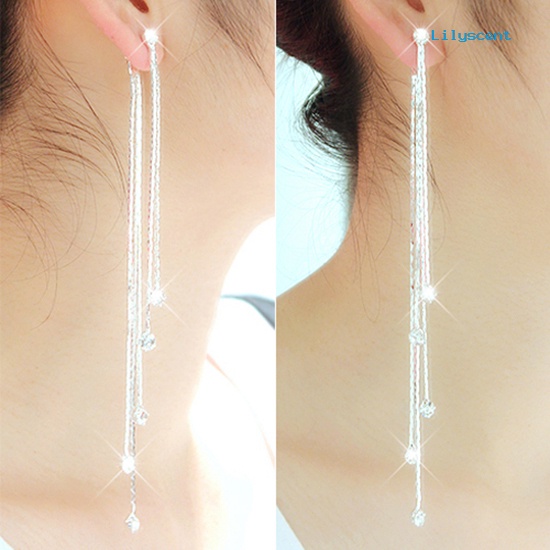 [LS] Wanita Berlian Imitasi Super Panjang Jumbai Drop Menjuntai Cocktail Pesta Linear Earrings