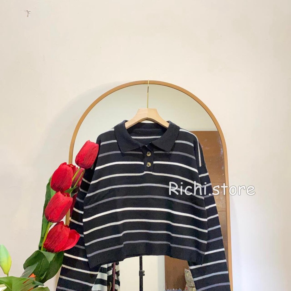 MELISA CROP BLOUSE RAJUT MOTIF GARIS TERBARU