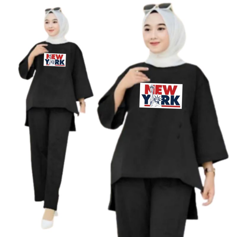 Setelan Kaos Wanita Dewasa Oversize Ld 130 cm Terbaru 2023 Viral Gambar DTF Bahan Kaos Babyterry Tangan 3/4 dan Celana Panjang One Set Wanita Dewasa Jumbo Kekinian Atasan Baju Wanita Dewasa Big Size Stelan Baju Wanita Santai Cewek NEW YORK