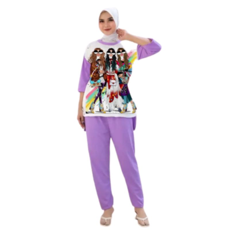 Setelan Kaos Wanita Dewasa Oversize Ld 110 cm Terbaru 2023 Viral Gambar Digital Printing Bahan Kaos Babyterry Tangan 3/4 dan Celana Panjang One Set Wanita Dewasa Jumbo Kekinian Atasan Baju Wanita Dewasa Big Size Stelan Baju Wanita Santai Cewek 84