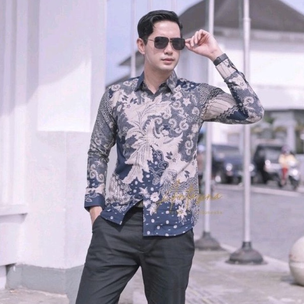 MURAI BIRU Baju Batik Pria Lengan Panjang Slim Fit Premium Modern Full Furing Katun Halus