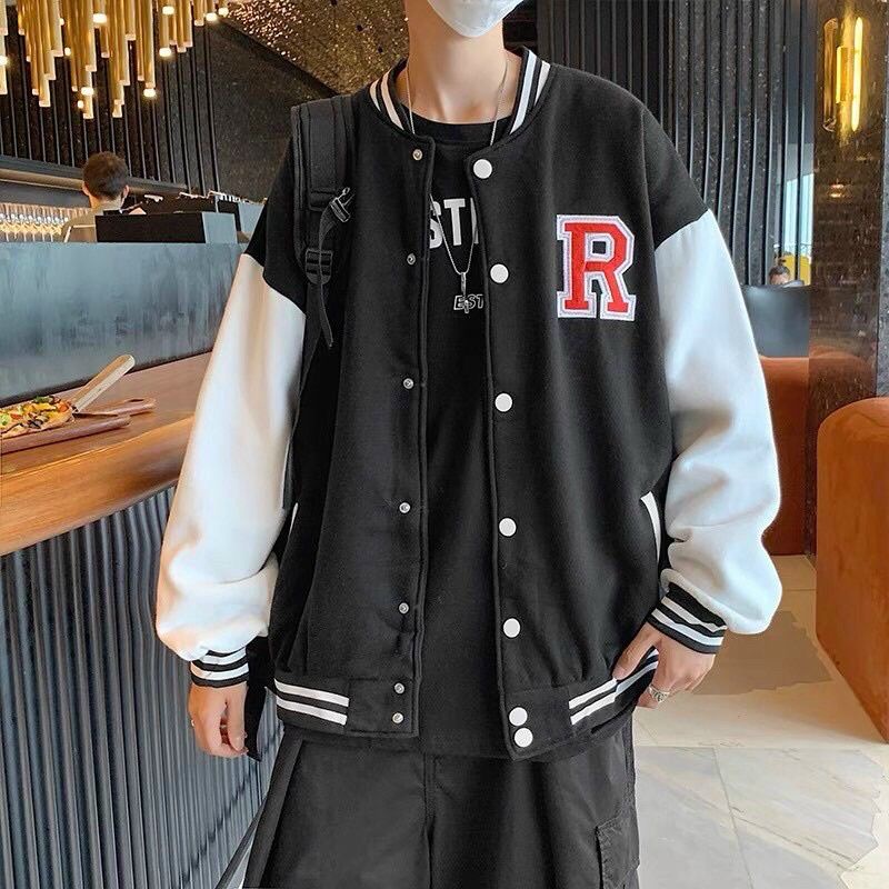 Jaket Varsity Baseball Big Size ( S - 6XL ) INISIAL R LOGO Streetwear Varsity RAYSORAN (SABLON) Jacket Bomber Korean Oversized XXL XXXL 4XL 5XL FLeece Unisex Jacket Boy Girl Pria Wanita Jumbo Mix Kombinasi 2 Warna Street Style Urban