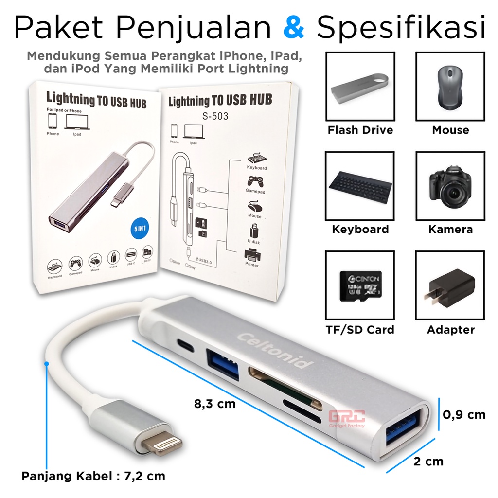 Adapter iPhone Lightning to 5 Port USB Type C HUB OTG Micro SD TF Card