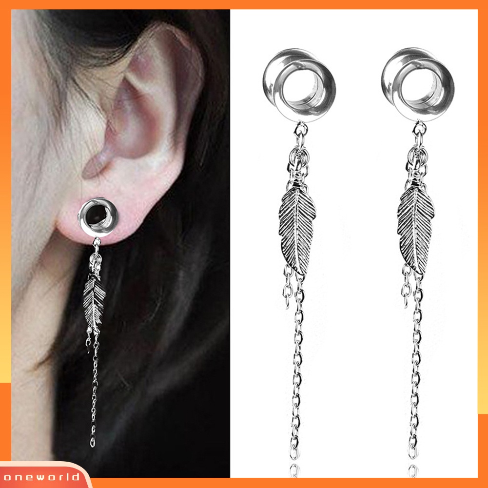 [oneworld] 1pc Lady Daun Rantai Rumbai Menjuntai Double Flared Ear Plug Tunnel Piercing Perhiasan