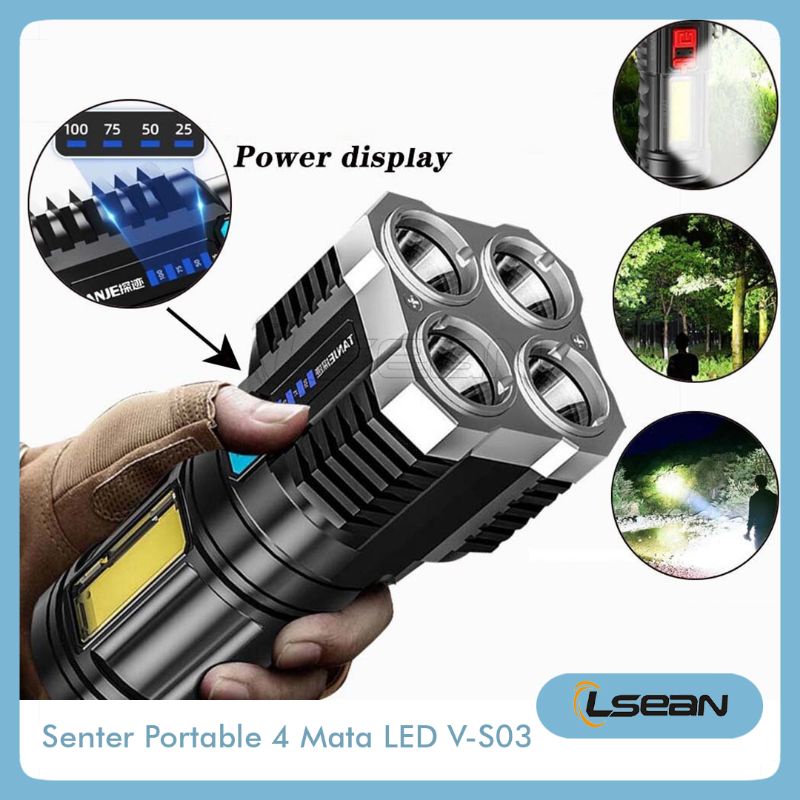 SENTER JARAK JAUH RECHARGE PORTABLE FLASHLIGHT 4 MATA LED COB LIGHT V-S03