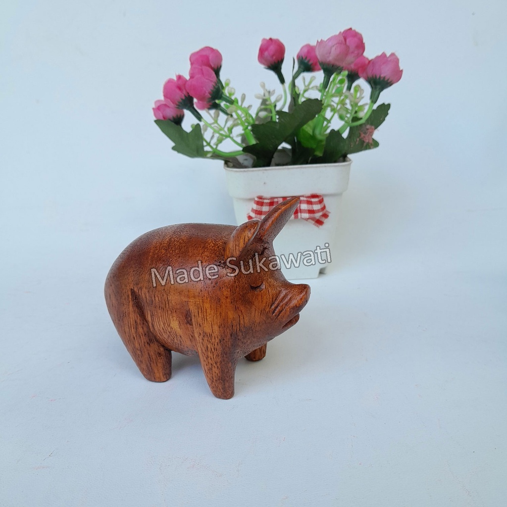 Kerajinan patung kayu Babi pig mini handmade hiasan Bali