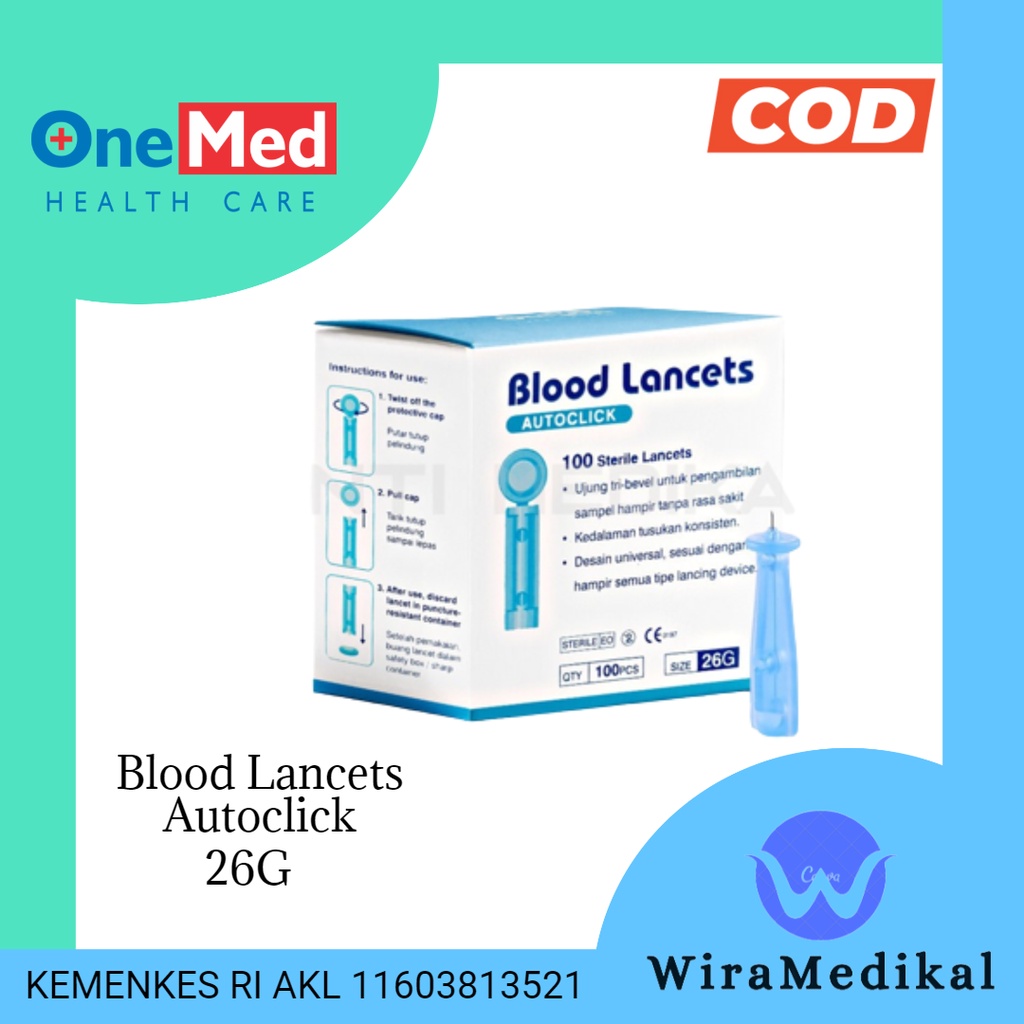 Jual Blood Lancet 26G Onemed / Jarum lancet Autoclik One Med / Jarum Ambil Darah Box isi 100