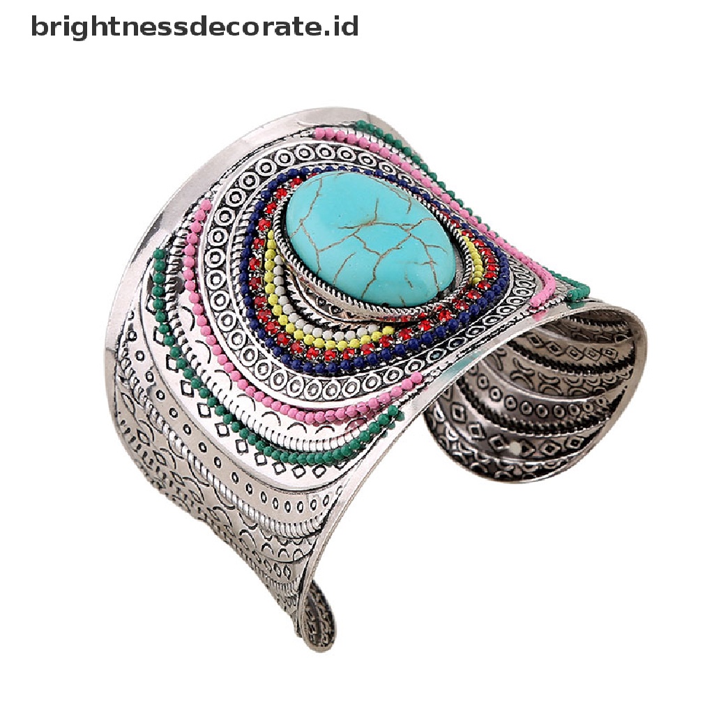 [Birth] Bohemian Vintage Tibet Perak Turquoise Wanita Pesona Cuff Bangle Bracelets [ID]