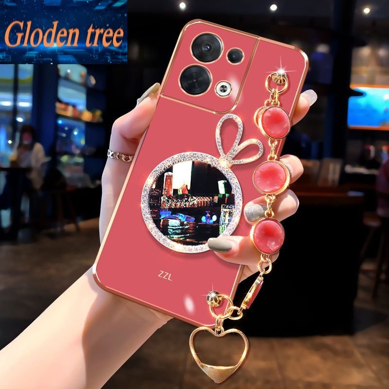 REALME Casing Ponsel Pohon Gloden Untuk OPPO Realme8 8Pro 8i 9i 9Pro V25 9ProPlus 9 4G Shell Rabbit Vanity Mirror Dengan Gelang Permata