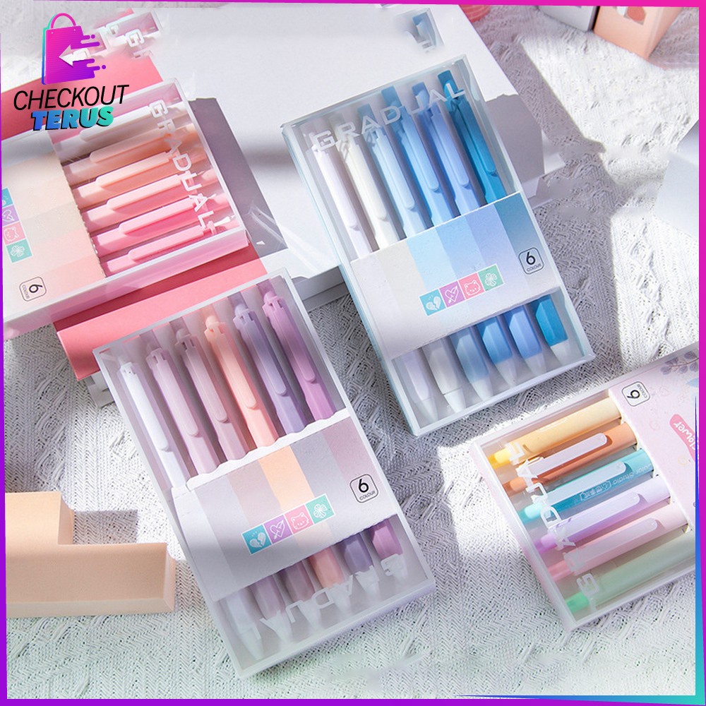 CT A48 Pulpen Gel Mekanik 6IN1 Motif Polos Warna Pastel Alat Tulis Pena Cair 0.5mm Perlengkapan Sekolah Korean Style Import