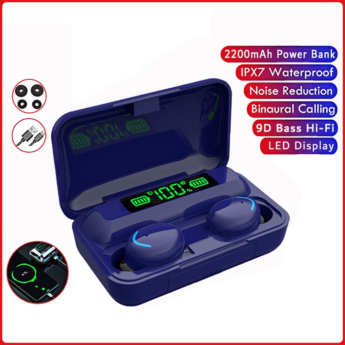 Headset Bluetooth Bass HiFi Stereo Sound with Powerbank F9-5 TWS Noise Reduction Earphone Wireless IPX7 Waterproof Headphone Henset Bloetooth with Microphone Sport Handset Gaming Hedset Handsfree Earbuds Hendset Hanset Hetset Heandset Android-Ungu