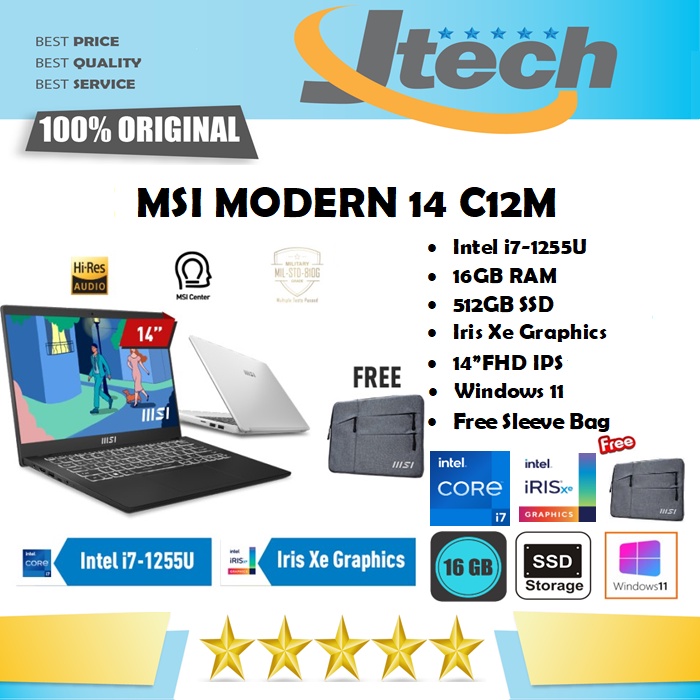 MSI MODERN 14 C12M - i7-1255U - 16GB - 512GB SSD - BACKLIT KB - 14&quot;FHD IPS - WIN11