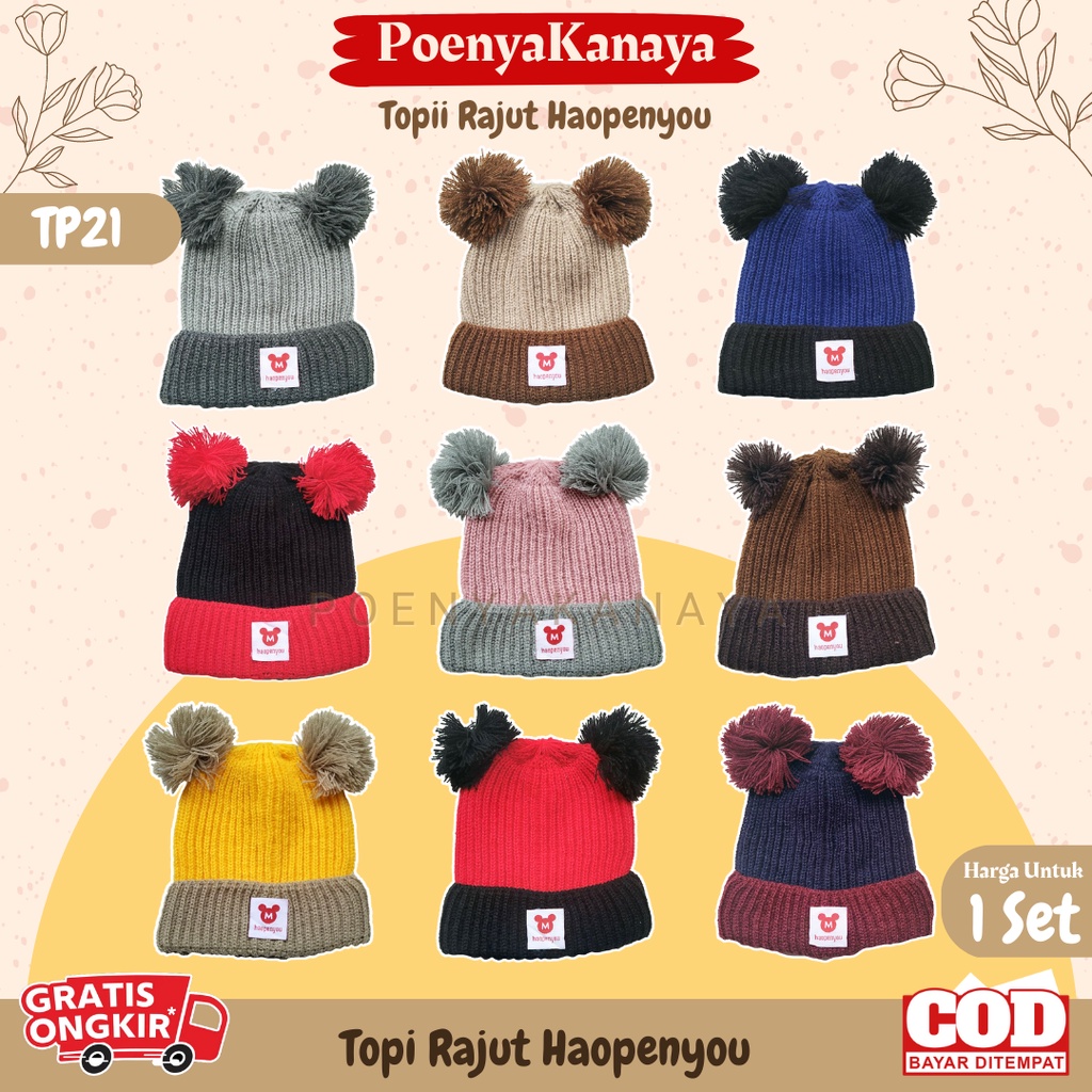 Topi Kupluk Bayi Rajut  Pompom TWOTONE Topi Rajut TP21