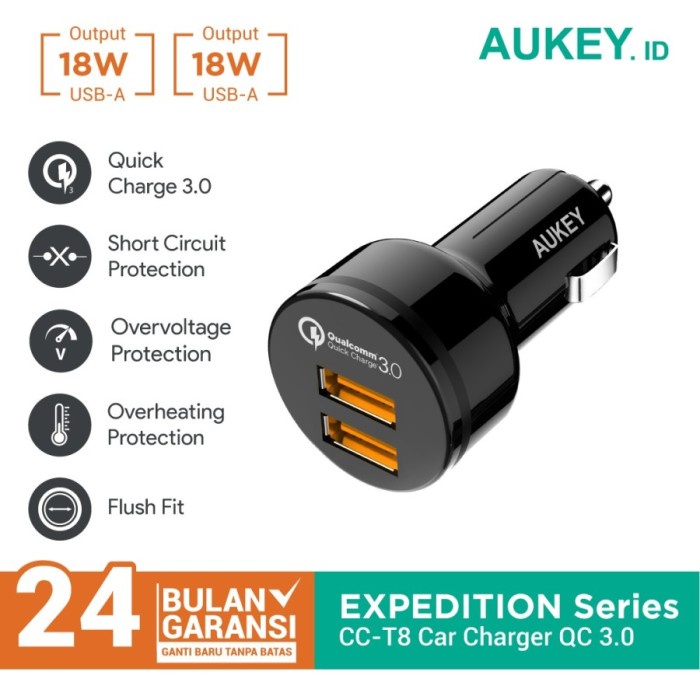 Aukey Car Charger CC-T8 2 Ports 36 W QC 3.0