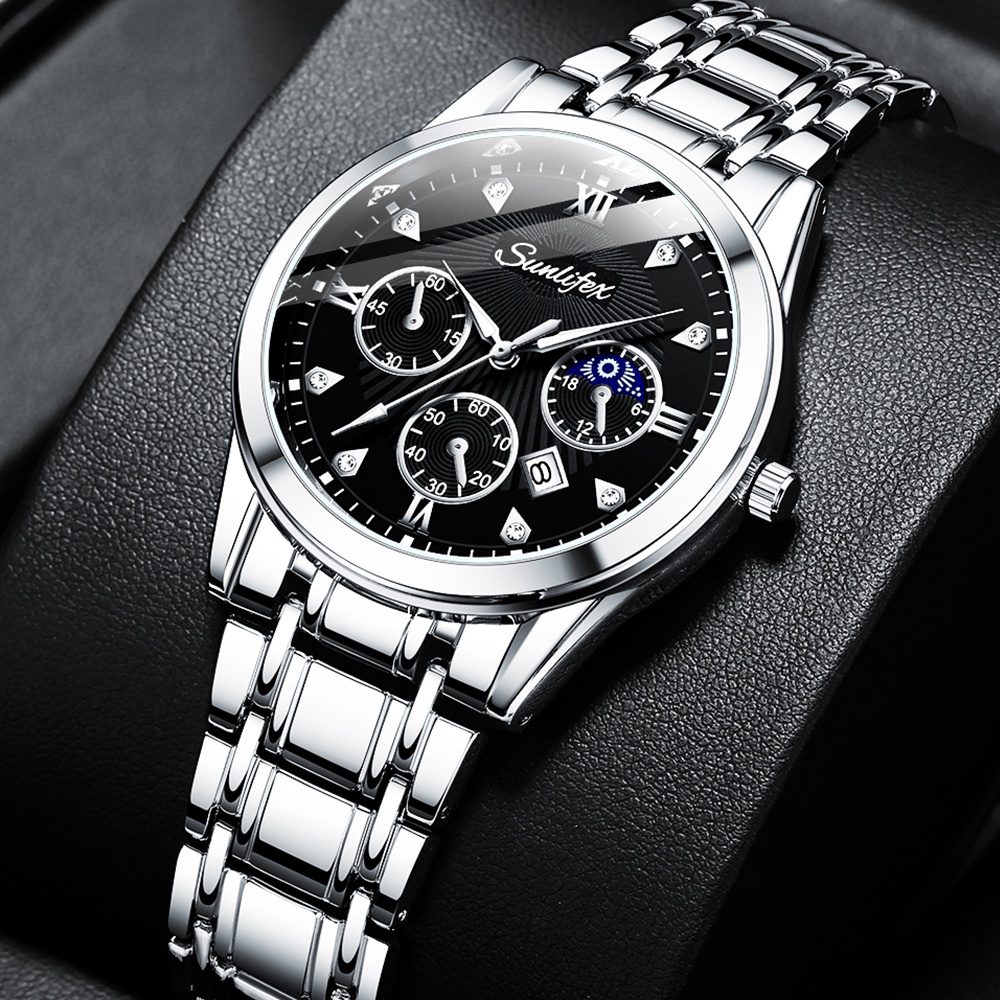 Sunlifex Jam Tangan Pria Original 9004A Kuarsa Calendar Tali Stainless Steel Mode Santai Jam Tangan Cowok