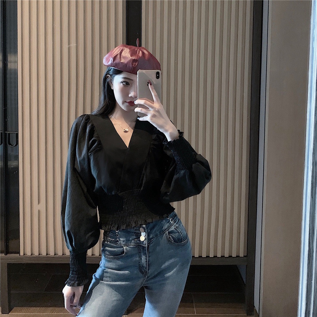 Red Chic Musim Semi Mesin Hati-hati V-Leher Silang Pinggang Longgar Kemeja Pendek 2022 Gaya Korea Baru Atasan Lengan Panjang Wanita