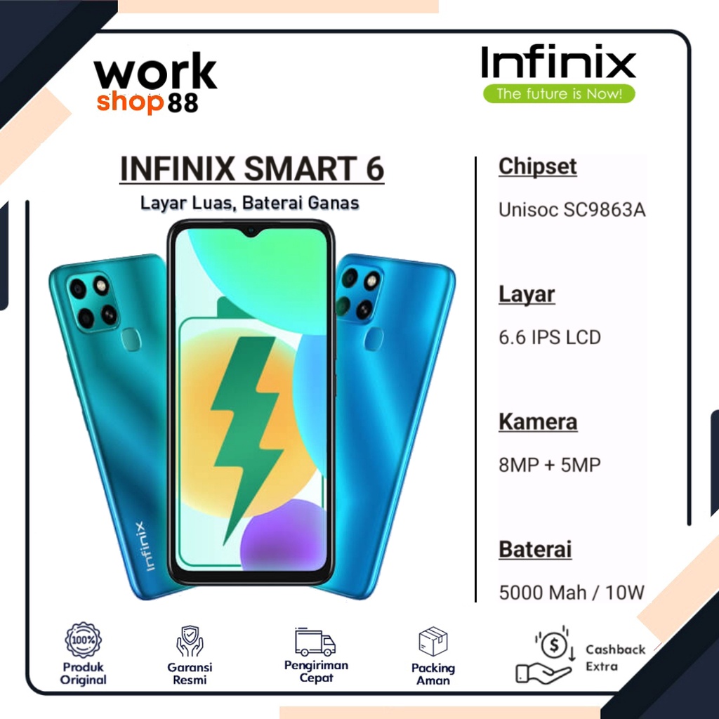 Produk Baru - Hp Infinix Smart 6 - Ram 2GB + Rom 32GB - New Original Garansi Resmi Nasional - Warna 