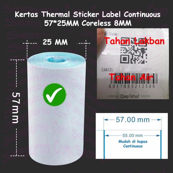 

Kertas Thermal Label Sticker Continuous Resi 57 x 25 Coreless 8 MM