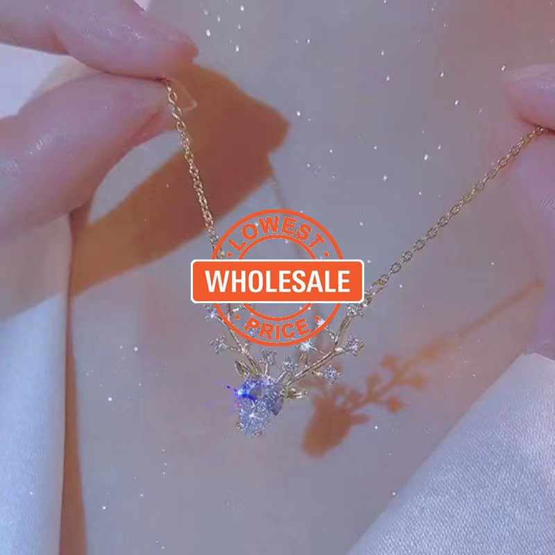 [Harga Grosir]Kalung Rantai Dengan Liontin Tanduk Rusa Aksen Kristal Berlian Imitasi Gaya Vintage Untuk Wanita