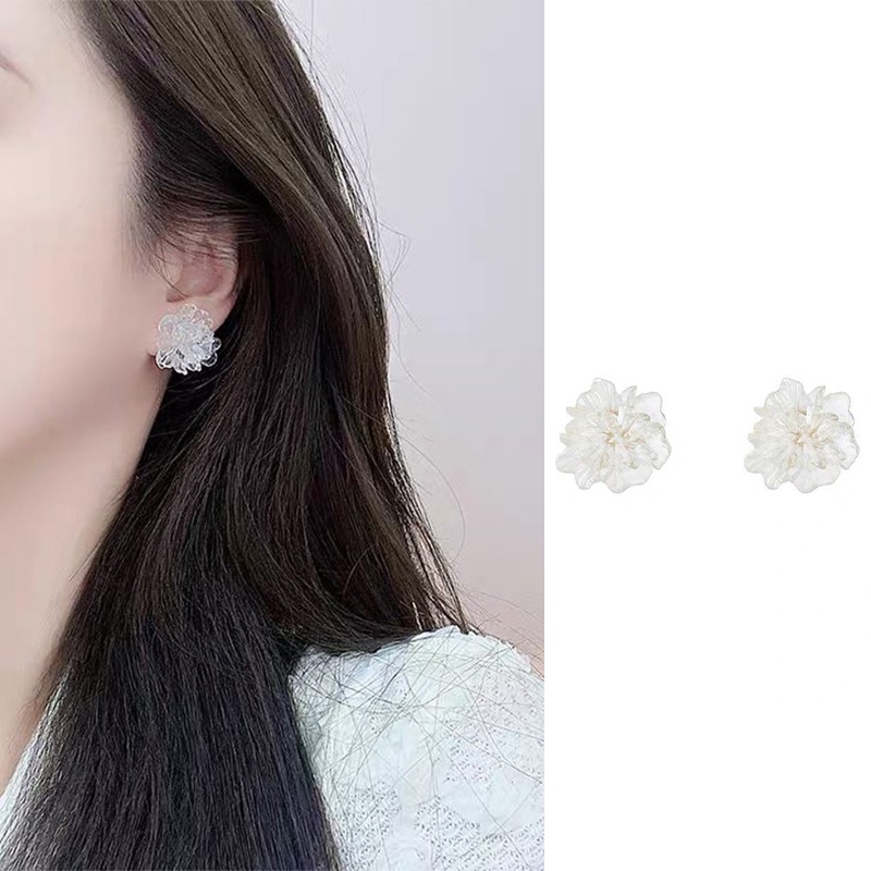 【Bayar di tempat】Korea S925 Perak Strud Anting Untuk Wanita Fashion Putih Bunga Earing Aksesoris Perhiasan