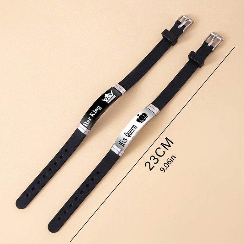 2pcs/set Sport Silikon Pasangan Gelang Bangle Hitam Her King His Queen Gelang Stainless Steel Hadiah