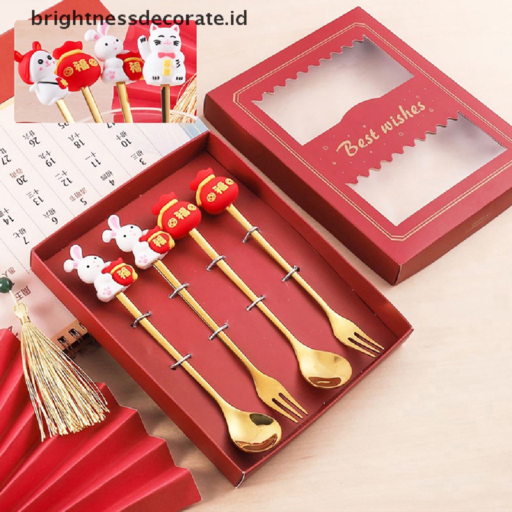 [Birth] Hadiah Imlek Alat Makan Sendok Kelinci Sendok Garpu Set Zodiak Dessert Spoon [ID]