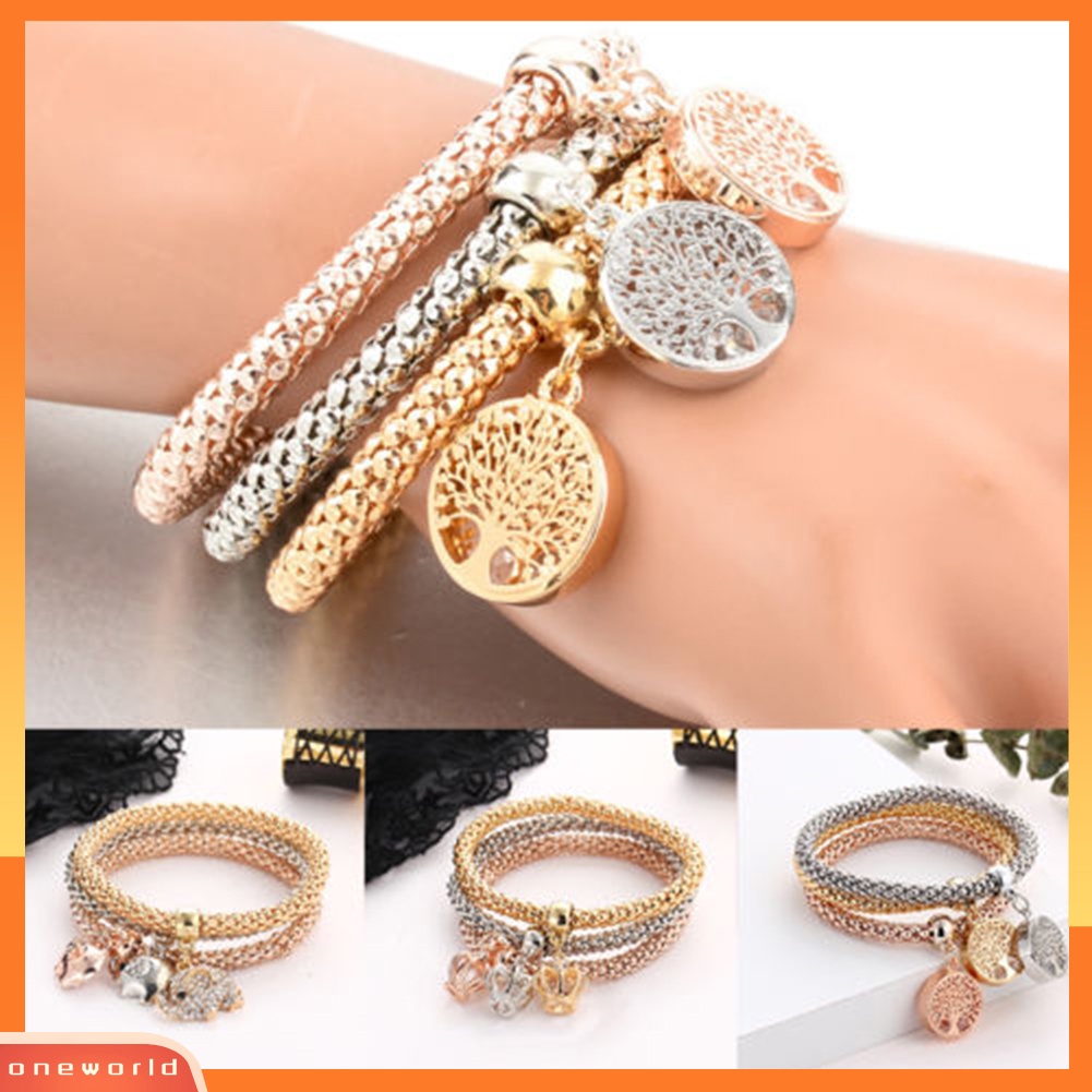 {oneworld} 3 Pcs/Set Wanita Fashion Burung Hantu Pohon Gelang Berlian Imitasi Liontin Bangle Perhiasan Hadiah